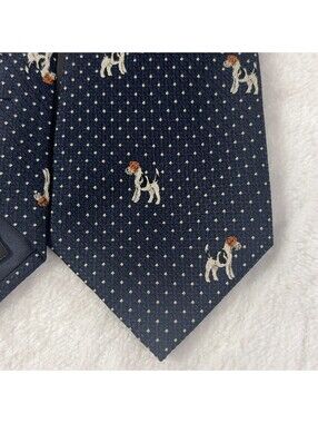 Banana Republic Mens Silk Necktie Navy Blue Terrier Dog Dot Print 100% Silk